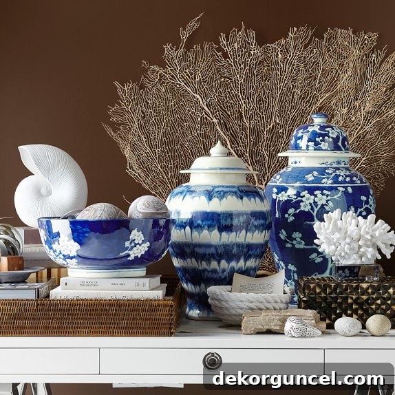 An exquisite collection of blue and white ginger jars and bowls, perfectly arranged.