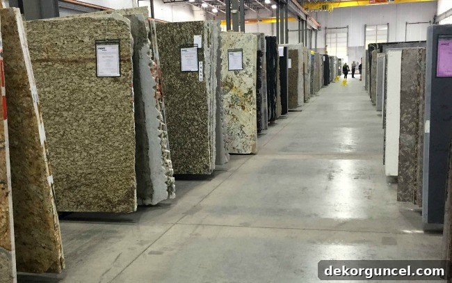 My Go-To Affordable Granite 4 Array of granite slabs in a stone yard, showcasing various patterns and colors