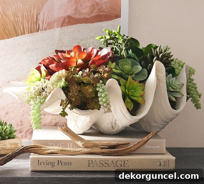 Love this faux giant clamshell filled with succulents!