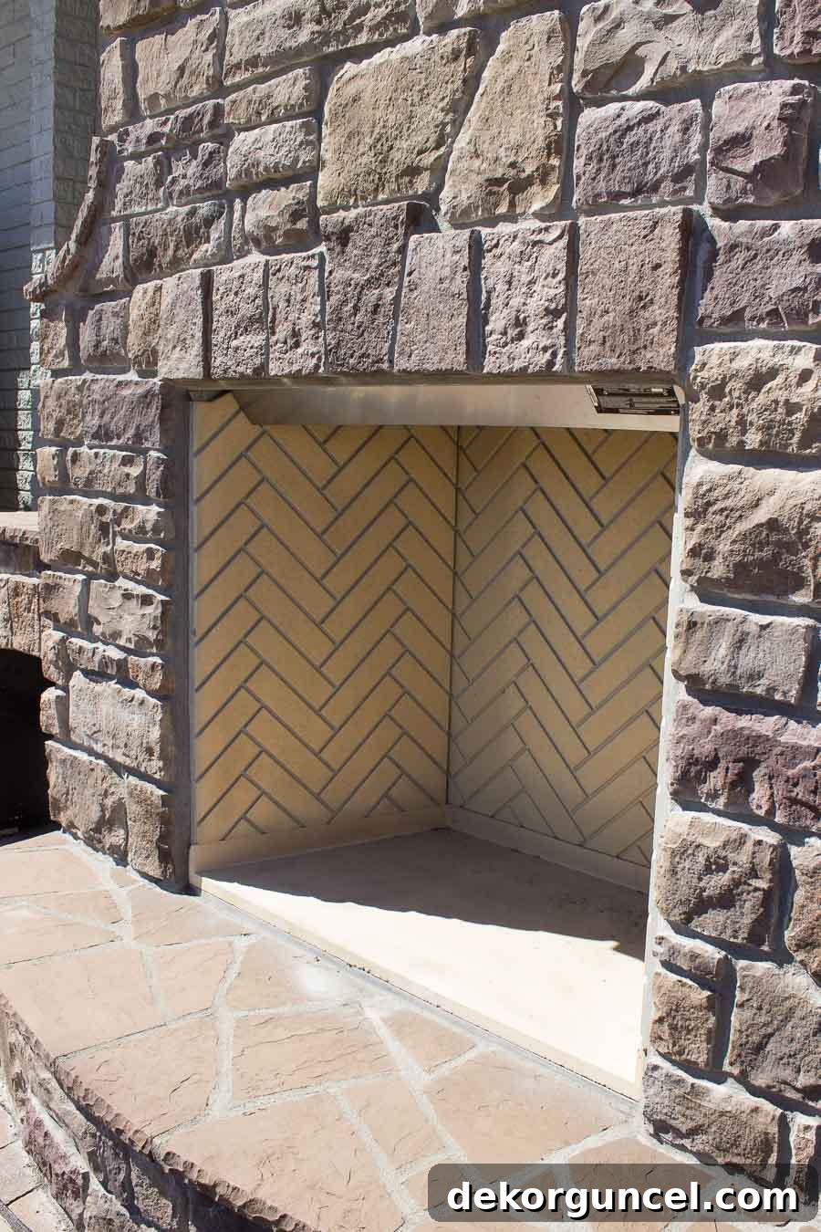 Stone Fireplace Designs Youll Love 9 Love the keystone design above the fireplace and the herringbone firebox!