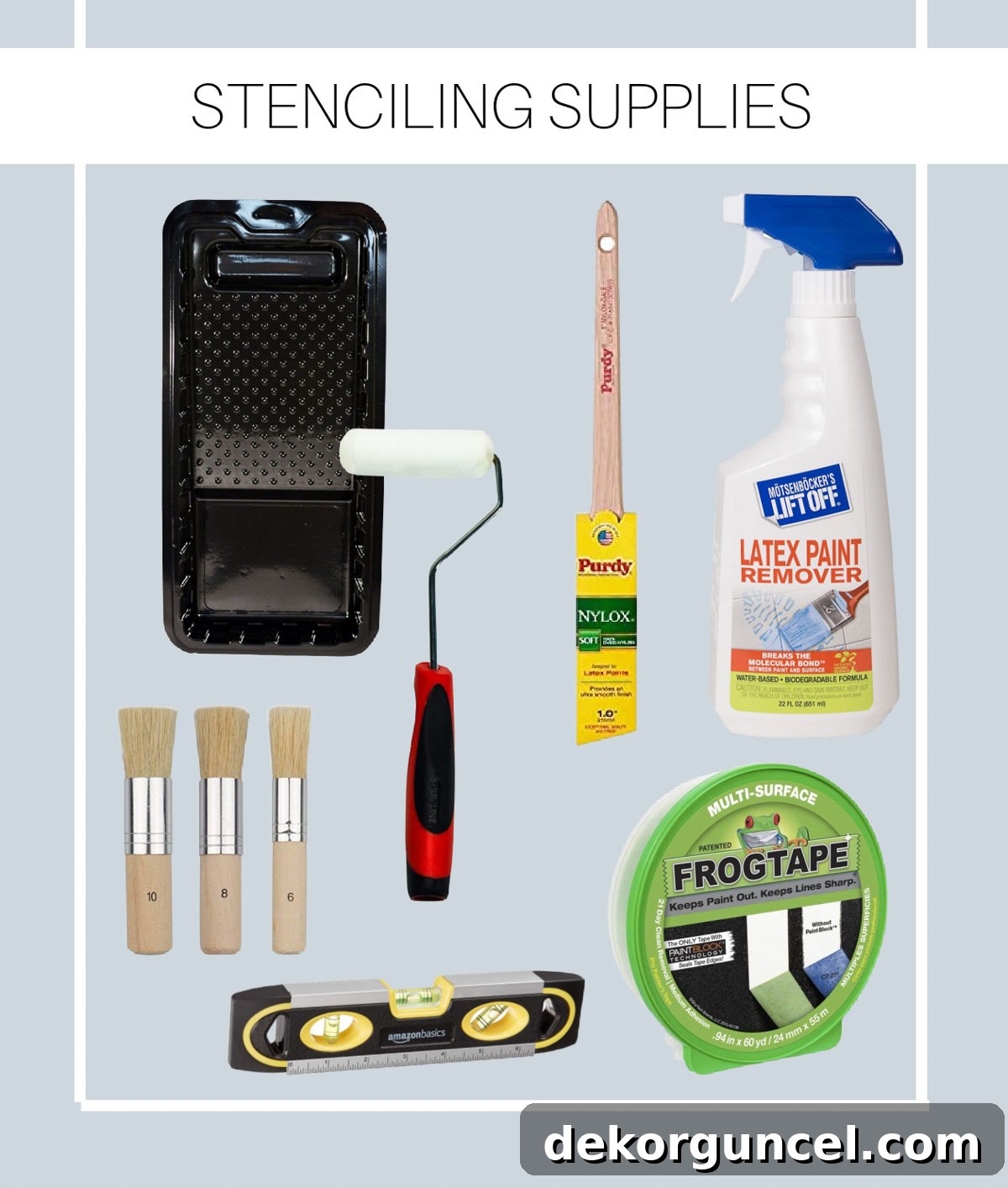 Şablonla Duvarlarınıza Hayat Verin: Büyüleyici Alanlar Yaratın 6 A collection of essential wall stenciling supplies, including paint rollers, brushes, painter's tape, a level, and paint remover, neatly arranged and ready for use.