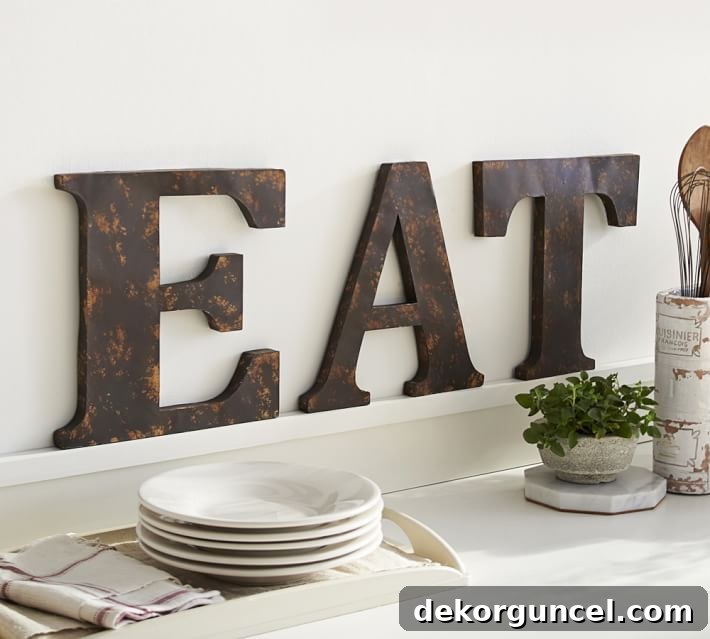 Decorative Letters: Top Sources and Creative Home Decor Ideas 4 Large decorative letters spelling 'EAT' in a rustic-style kitchen, adding a charming and functional touch to the space.