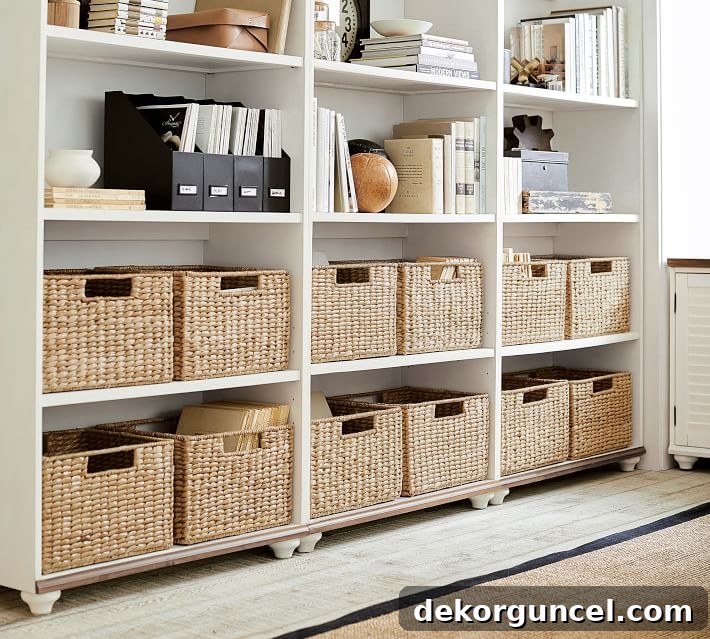 10 Clever Ways to Style Your Home With Baskets 2 These square seagrass baskets keep office clutter out of sight, enhancing shelf aesthetics and organization.