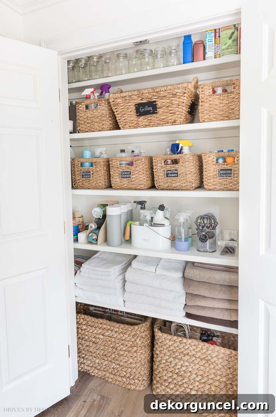 10 Clever Ways to Style Your Home With Baskets 3 These small square seagrass baskets offer an effective solution for organizing cleaning products, ensuring they are always within reach and easy to find.