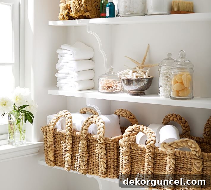 10 Clever Ways to Style Your Home With Baskets 4 Handled seagrass baskets provide chic and functional bathroom storage, perfect for essentials like toilet paper or rolled towels.