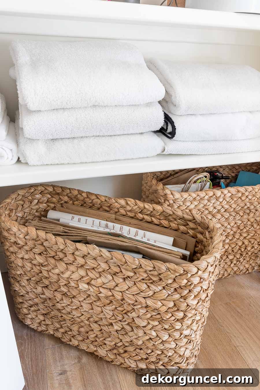 10 Clever Ways to Style Your Home With Baskets 10 These tall, shallow console baskets are incredibly effective for neatly storing our collection of grocery and shopping bags, keeping everything organized and out of sight.