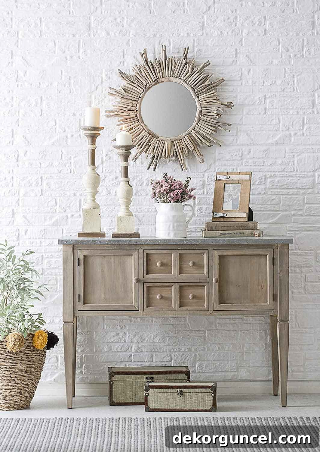 Round driftwood mirror above console