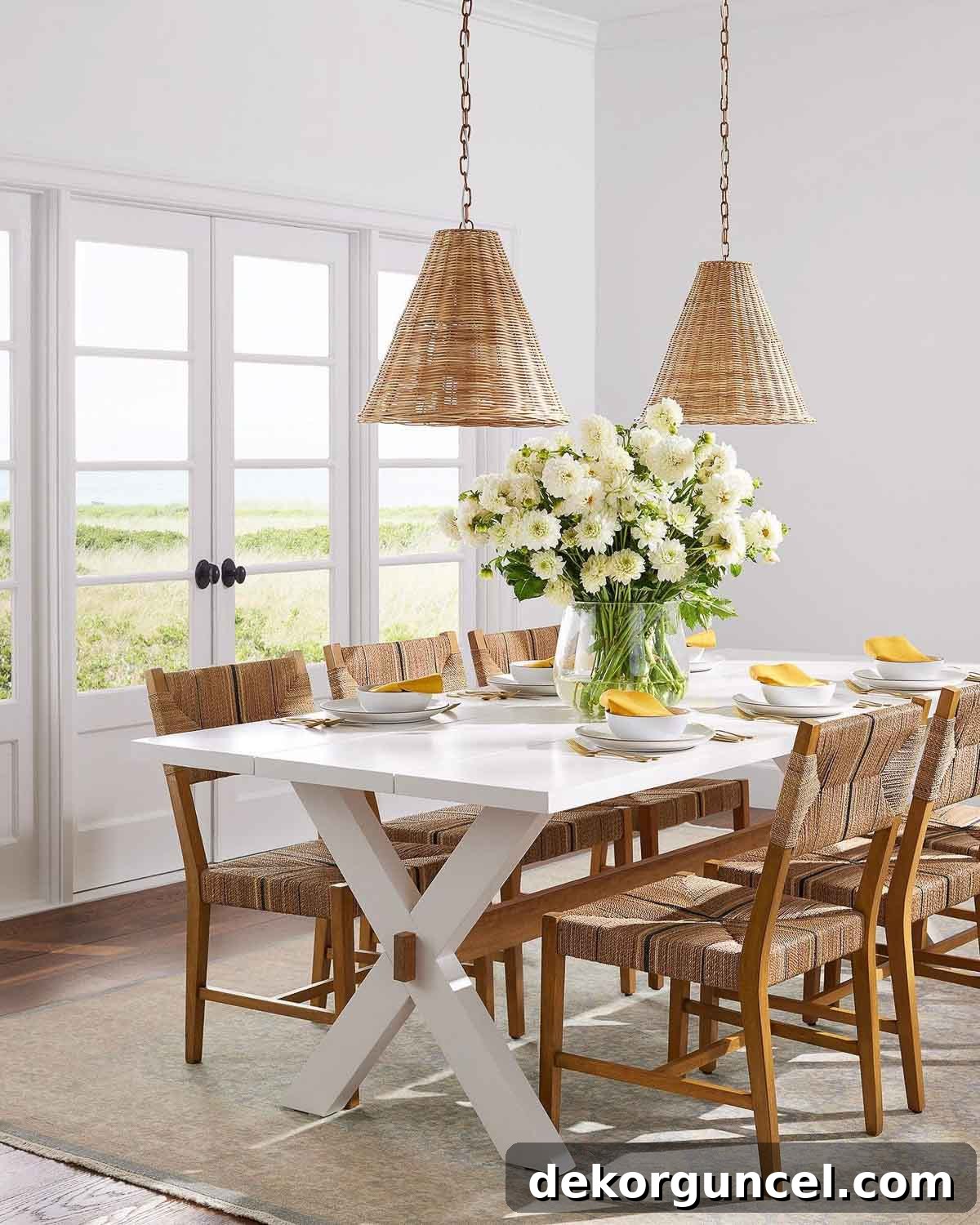 Contemporary trestle dining table in a chic painted white finish, highlighting its minimalist base