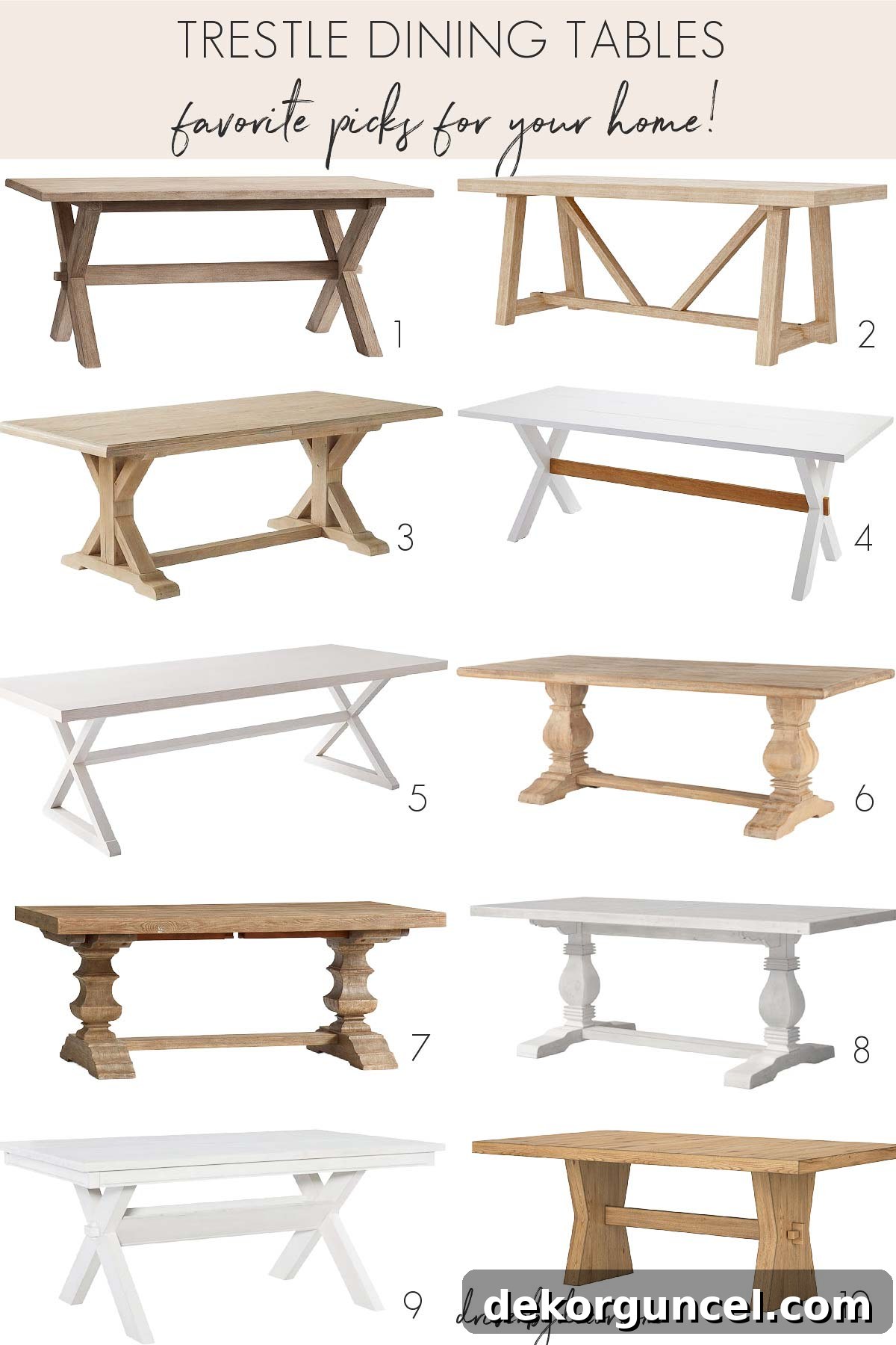Collage of various trestle dining tables in different styles, finishes, and wood types