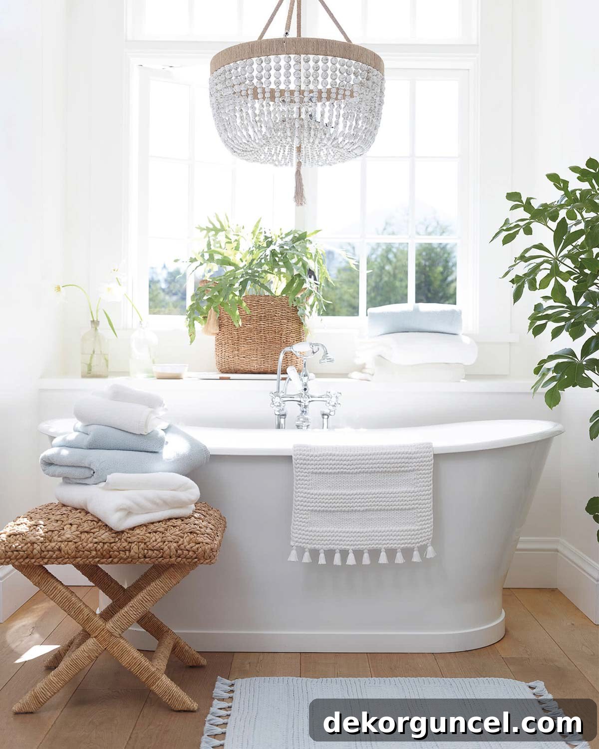Bathroom with X-base stool in front of freestanding white tub
