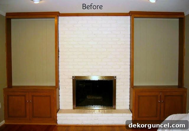 Before of fireplace - a dated, traditional brick fireplace in the family room