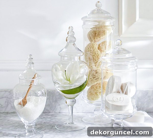 Elevate Your Home with Apothecary Jars 2 Apothecary jars in bathroom filled with bath salts, sponges, and soap