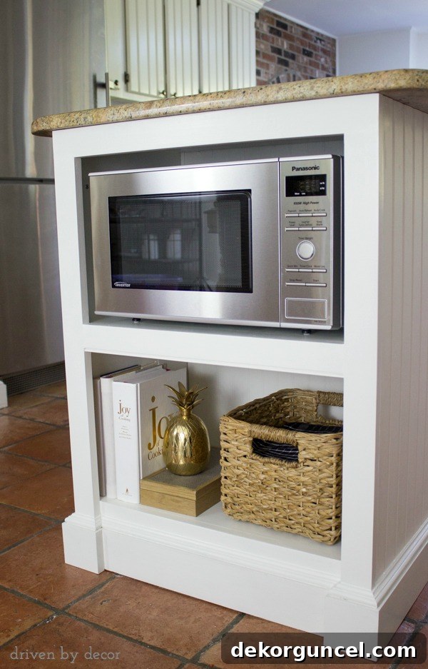 Shelves for microwave, cookbooks, and other kitchen accessories added to island