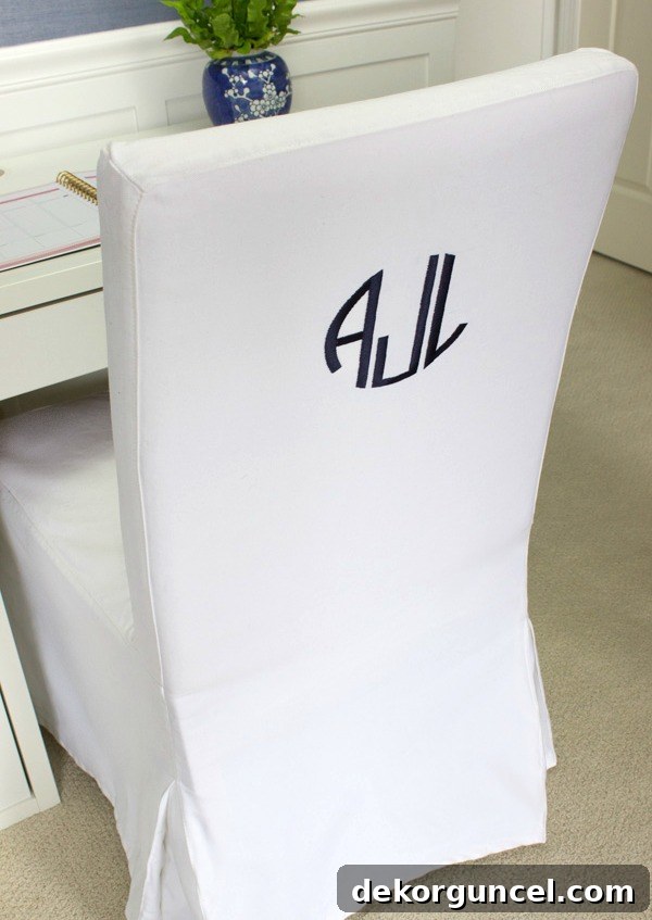 Monogram added to back of IKEA Henriksdal slipcovered chair