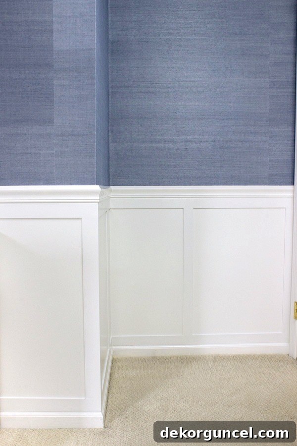 Board and batten molding and grasscloth wallpaper