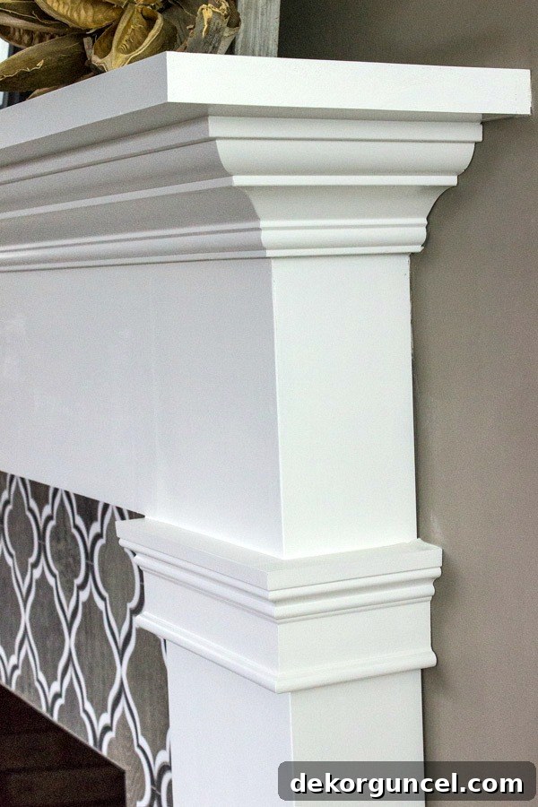 Profile view of the new fireplace mantel showcasing its enhanced depth and architectural detail