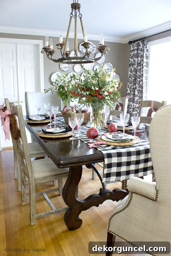 Quintessential New England Christmas Style 17 A panoramic view of the dining room, exquisitely decorated for the holidays, showcasing a cohesive and inviting festive atmosphere.