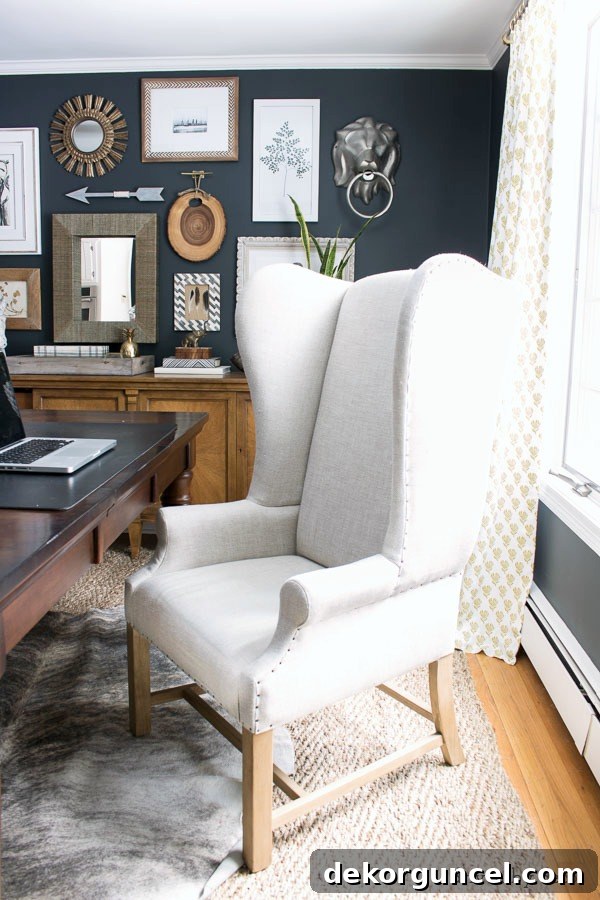 My Life Is Their Blog 5 An elegant upholstered wingback chair serves as a desk chair in a home office, adding a touch of sophisticated comfort and style to the workspace.