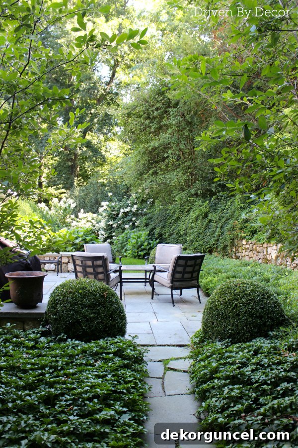My Life Is Their Blog 6 A picturesque walkway leading to a charming backyard flagstone patio, framed by perfectly manicured boxwood hedges. The outdoor space is inviting and meticulously maintained.