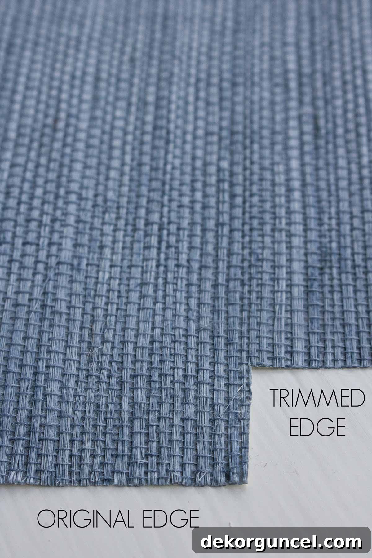 Grasscloth wallpaper edge - original vs. trimmed