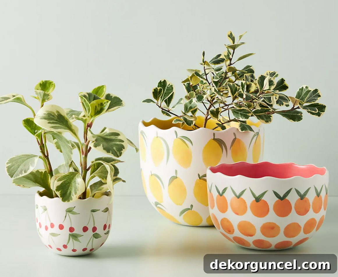 Some of my favorite spring decor pieces! Darling planters with fruit prints!
