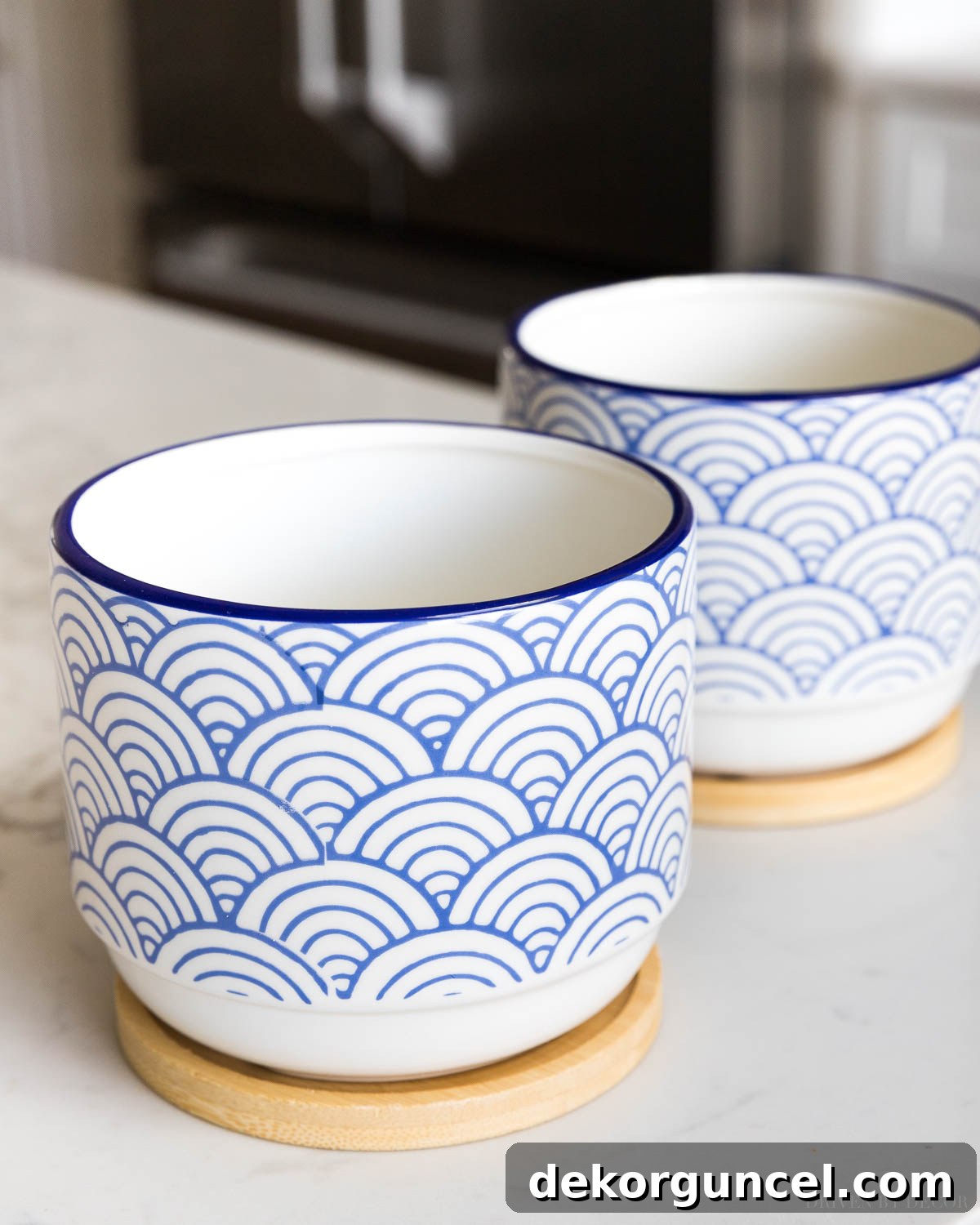 The cutest blue and white planters with bamboo drip trays - love these for spring decor!