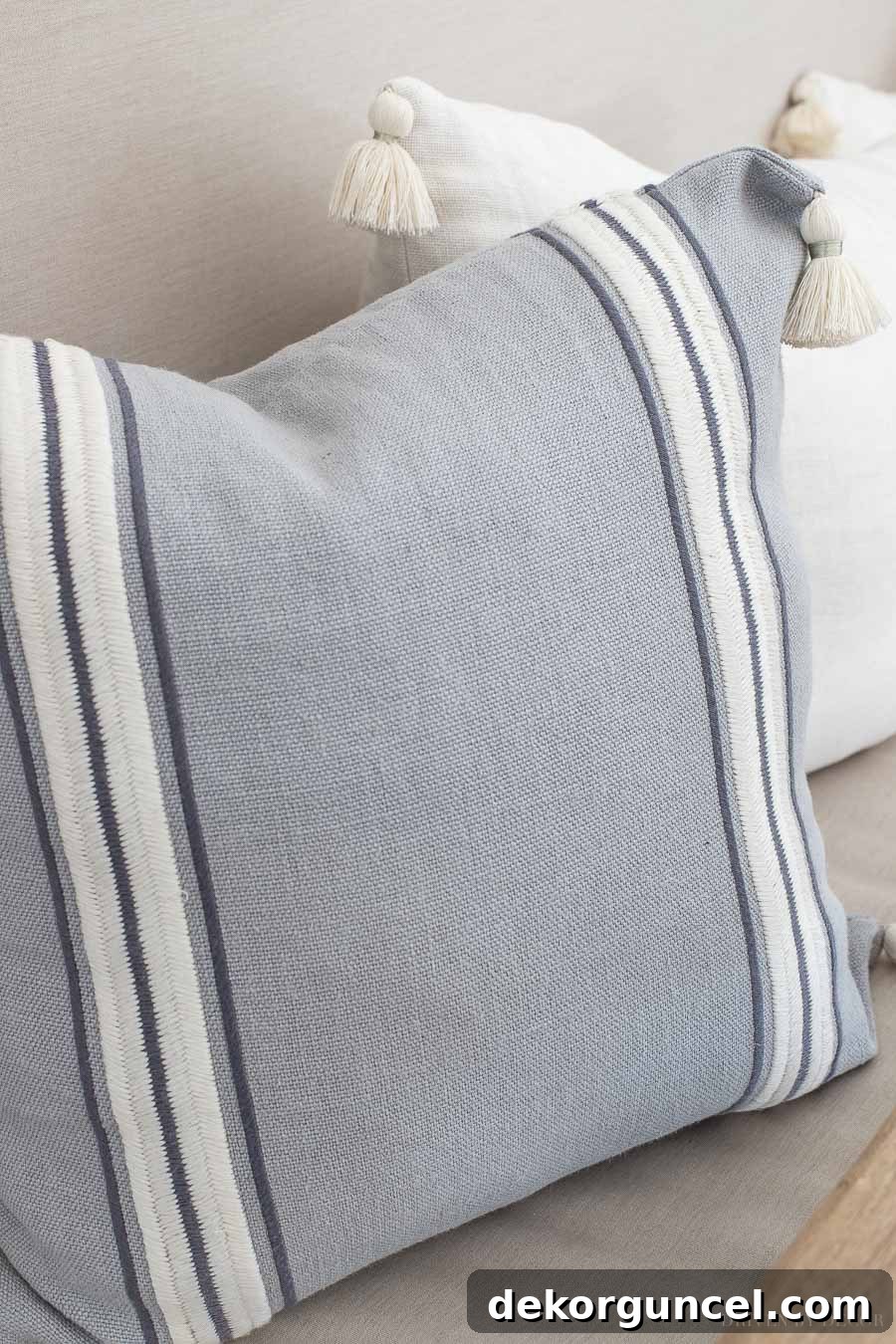 Gorgeous striped tassel end pillow covers in the prettiest shade of blue/gray - loving these for spring!