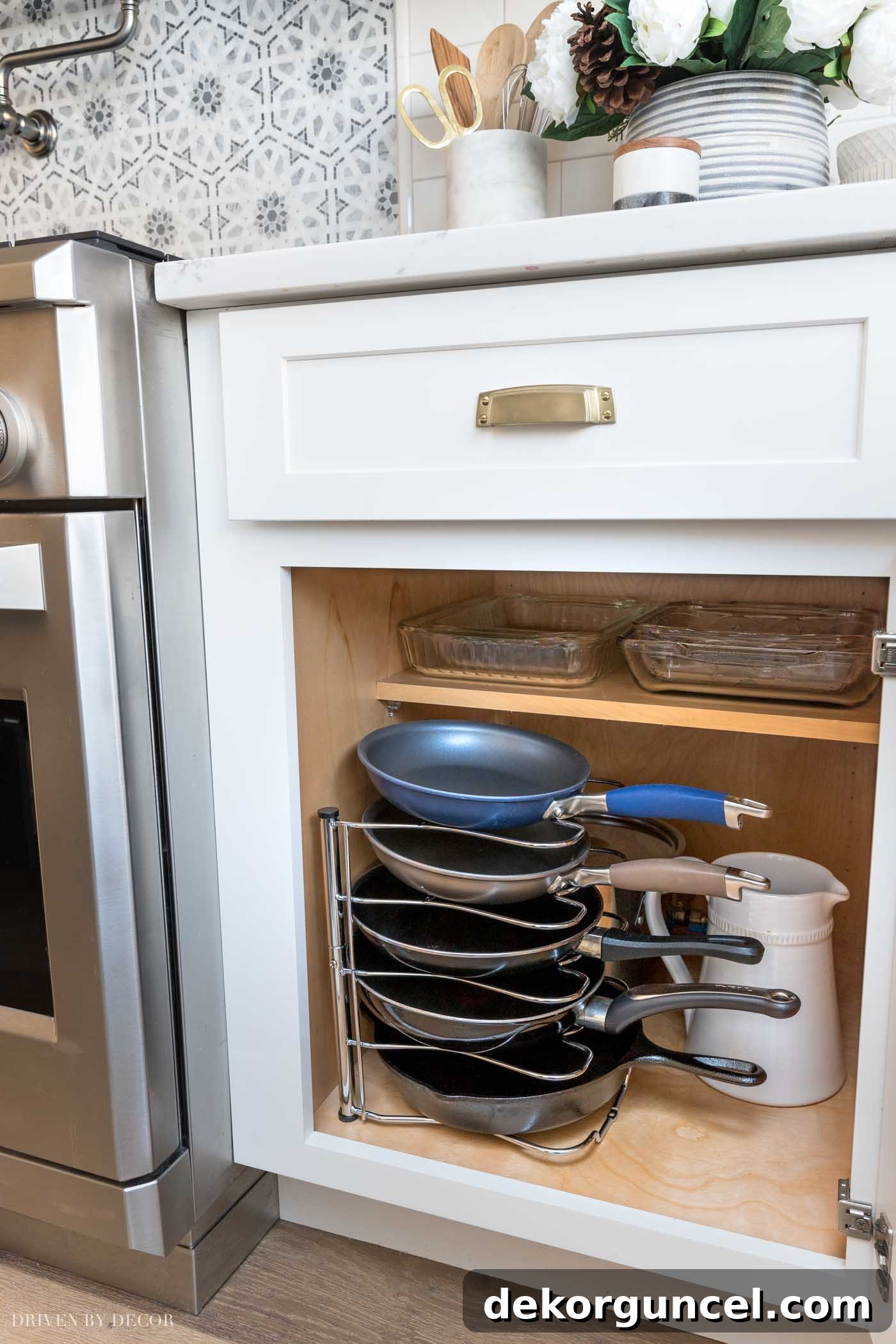 8 Genius Budget Kitchen Hacks 7 Smart pan organizer for kitchen cabinets – a game-changer for efficient storage and accessibility!