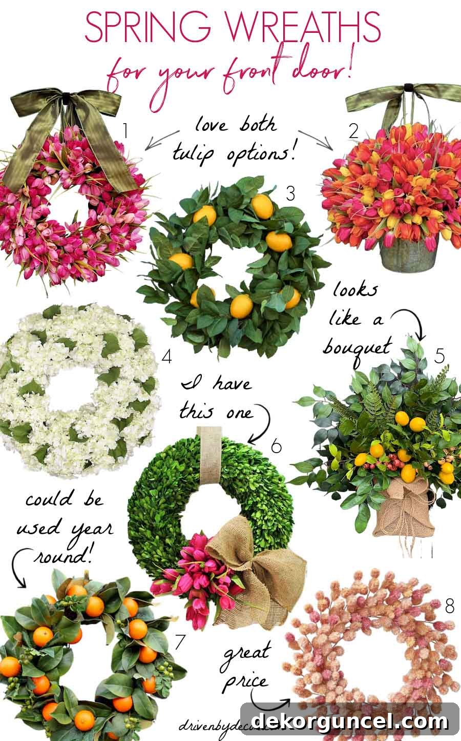 Top Spring Wreaths for a Welcoming Front Door 2 A stunning collection of diverse spring wreaths for your front door, featuring tulips, lemons, and unique designs.