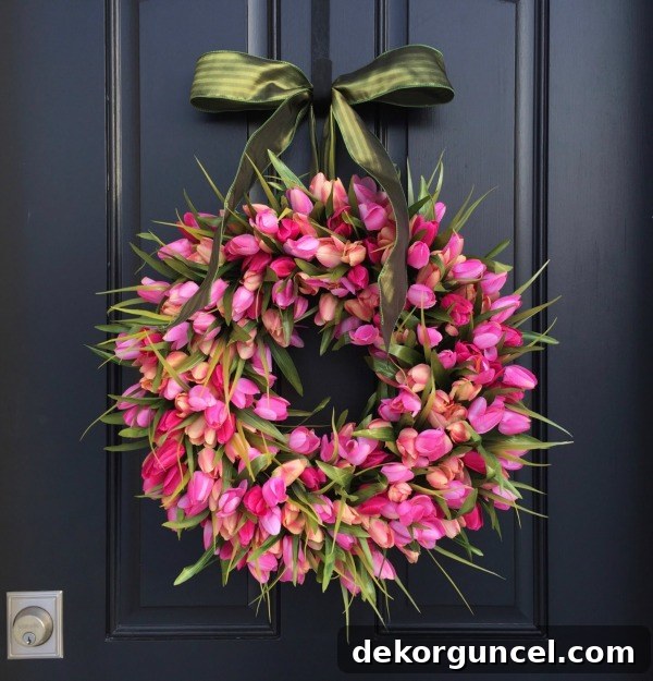 Top Spring Wreaths for a Welcoming Front Door 3 Stunning pink tulip spring wreath, an elegant choice for spring door decor.