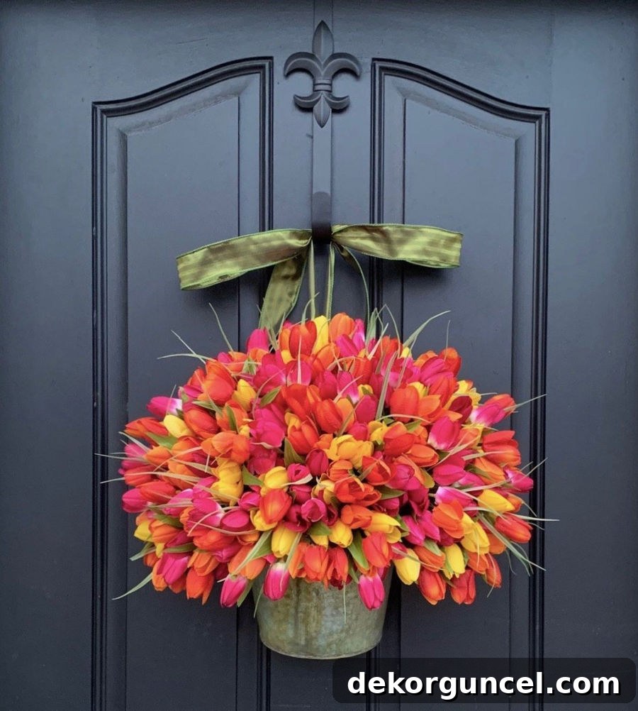 Top Spring Wreaths for a Welcoming Front Door 4 A charming spring front door decoration featuring a galvanized bucket overflowing with faux tulips.