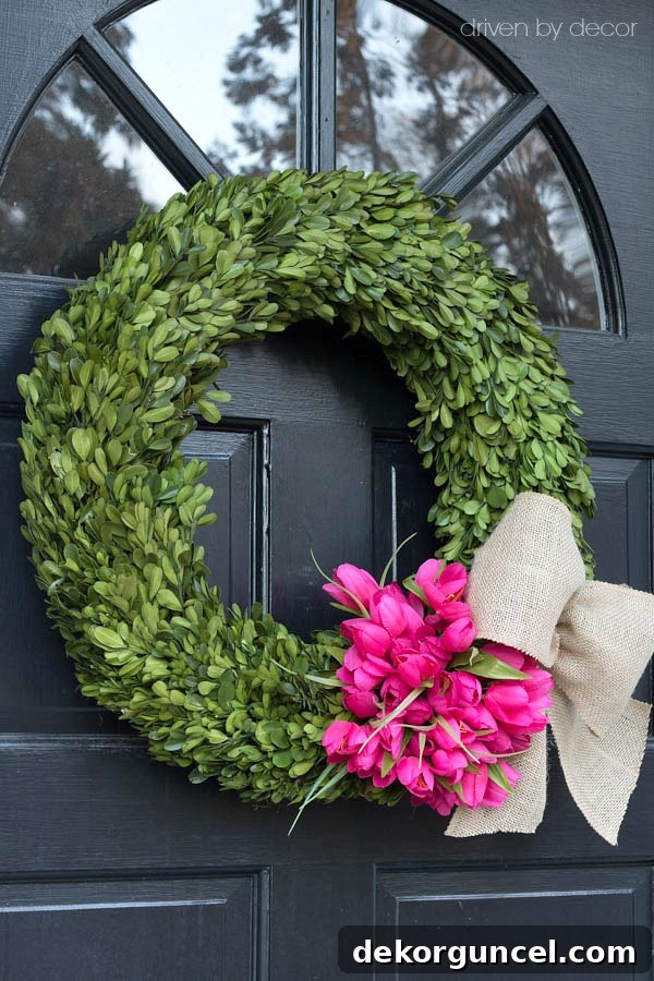 Top Spring Wreaths for a Welcoming Front Door 9 Gorgeous spring wreath featuring silk tulips and a rustic burlap bow, perfect for a fresh look.