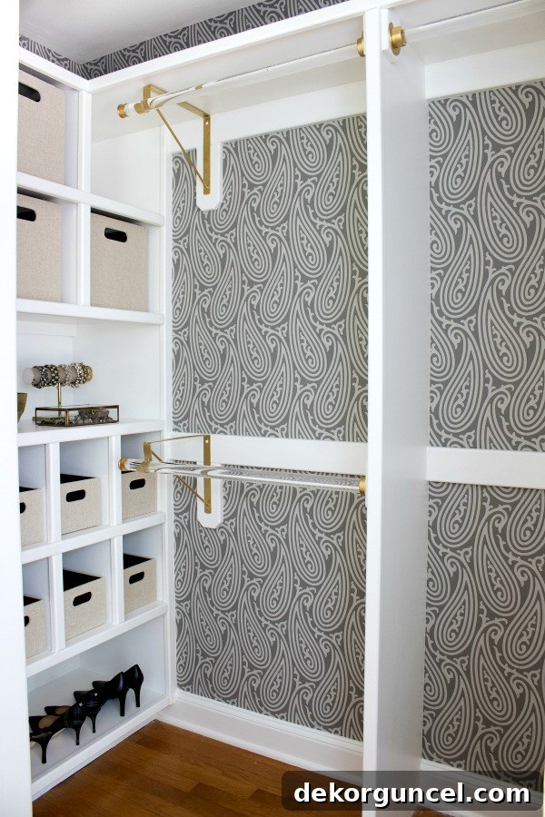 The closet's stunning makeover features gorgeous Farrow & Ball wallpaper and chic gold and acrylic rods, marking a dramatic and fabulous change from its original 'before' state.