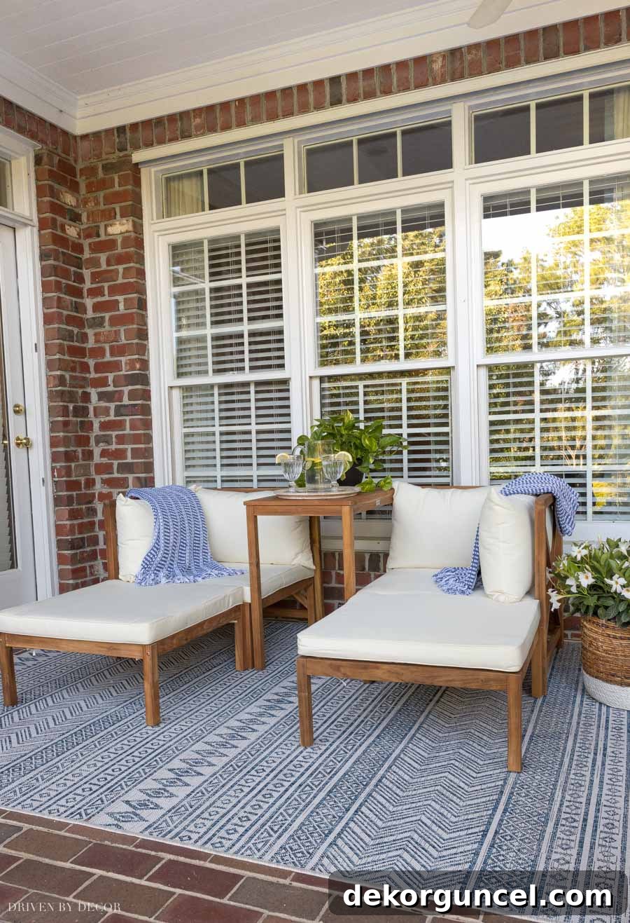 Outdoor rug defining a cozy two-person lounge area on a porch, featuring comfortable seating and lush plants.