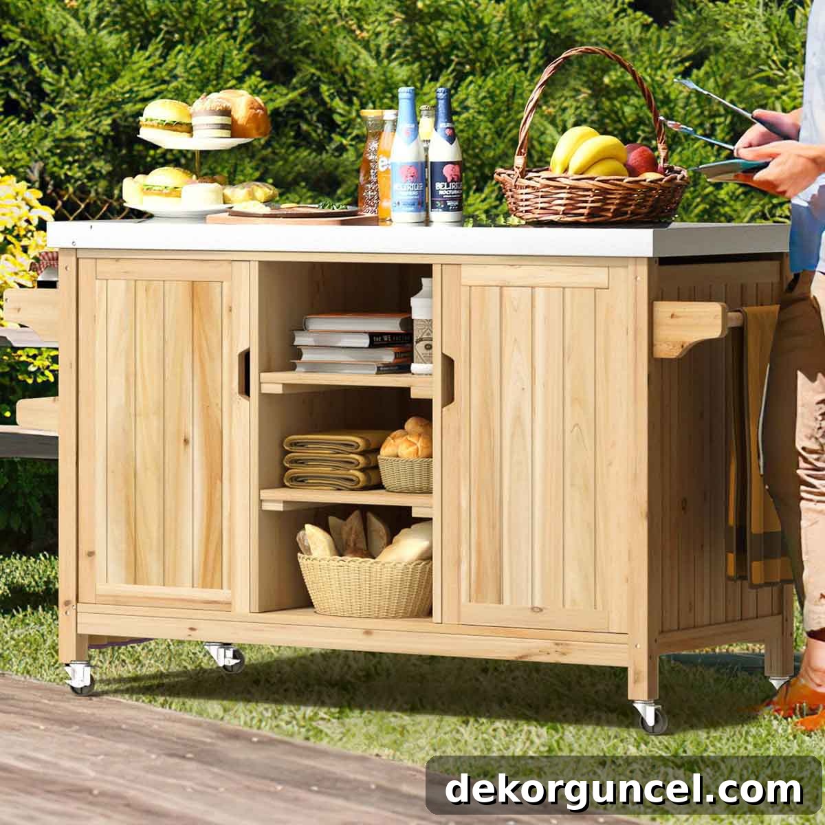 Versatile wood bar cart, perfect for outdoor entertaining or as a mobile gardening station on a patio.