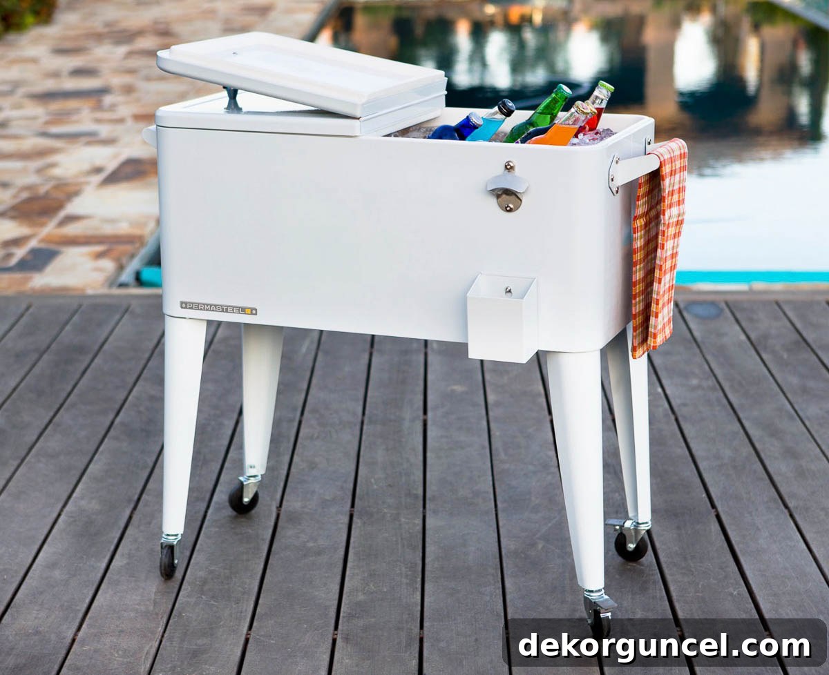 White rolling cooler with wheels and an elevated design, perfect for large outdoor parties and easy drink access.