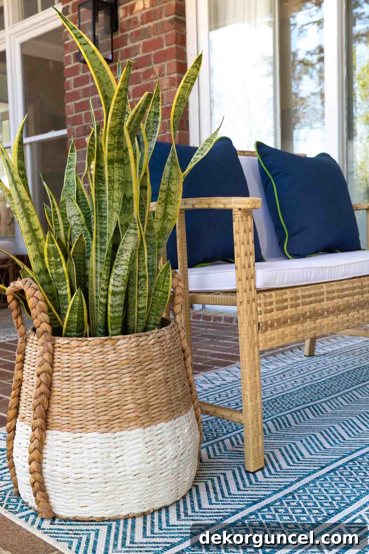Decorative woven basket used as a stylish planter on a covered porch, housing lush green plants.