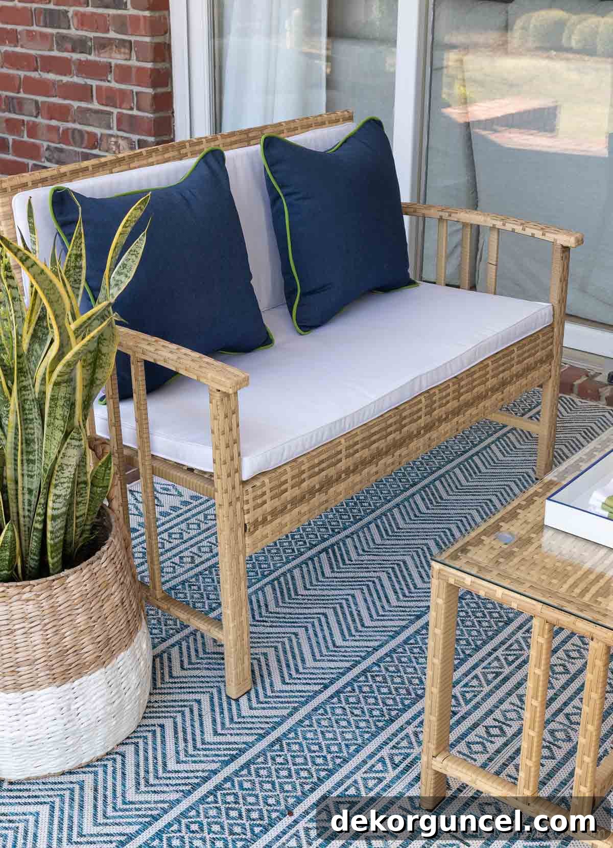Pair of navy Sunbrella outdoor pillows enhancing a woven loveseat, part of a comfortable patio conversation set.