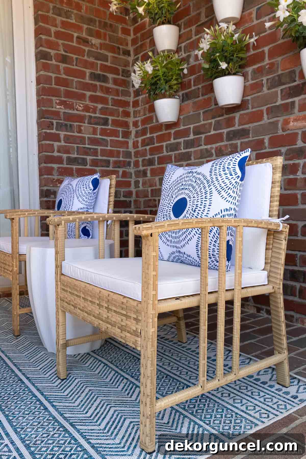 Pair of stylish woven patio chairs on a back porch, arranged for conversation and relaxation.
