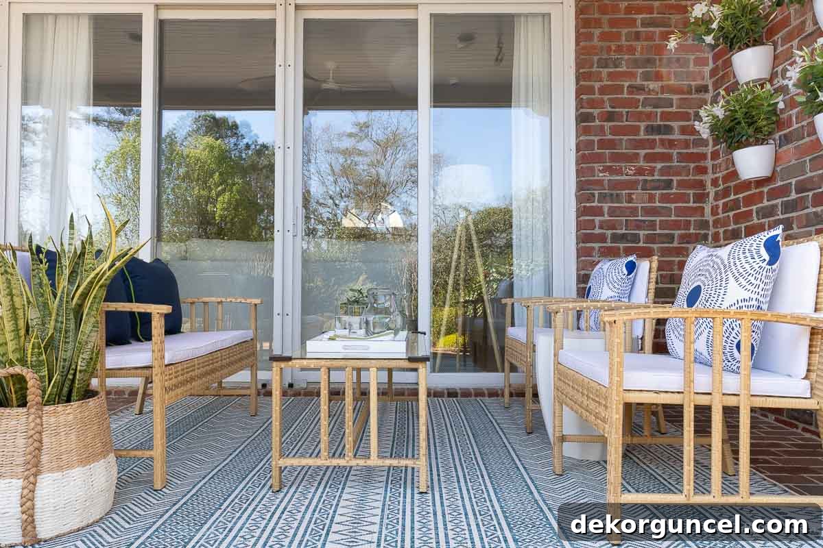 Large outdoor rug enhancing a spacious conversation area on a patio, complete with comfortable seating and accent pillows.