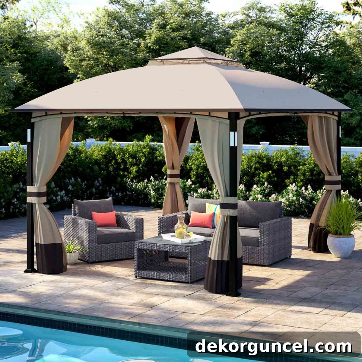 Elegant patio gazebo with privacy curtains and mosquito netting, providing shade and comfort for outdoor living.