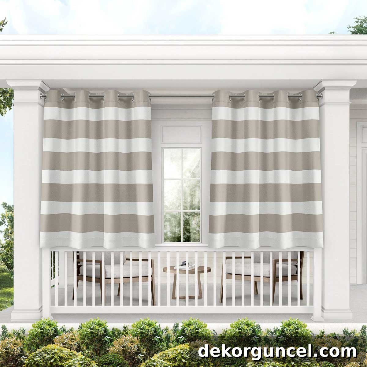 Stylish striped outdoor curtains providing adjustable shade and adding softness to a patio space.