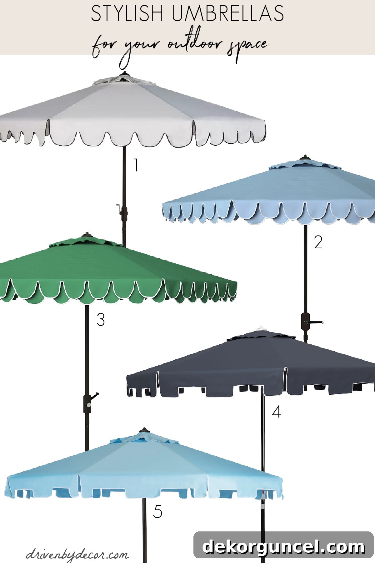Five stylish patio umbrellas with various designs including scalloped and Greek key edges, offering decorative shade solutions.