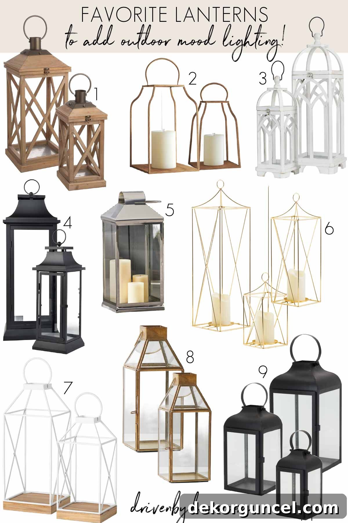 Collection of favorite lanterns in various styles and materials, perfect for adding mood lighting to outdoor spaces.