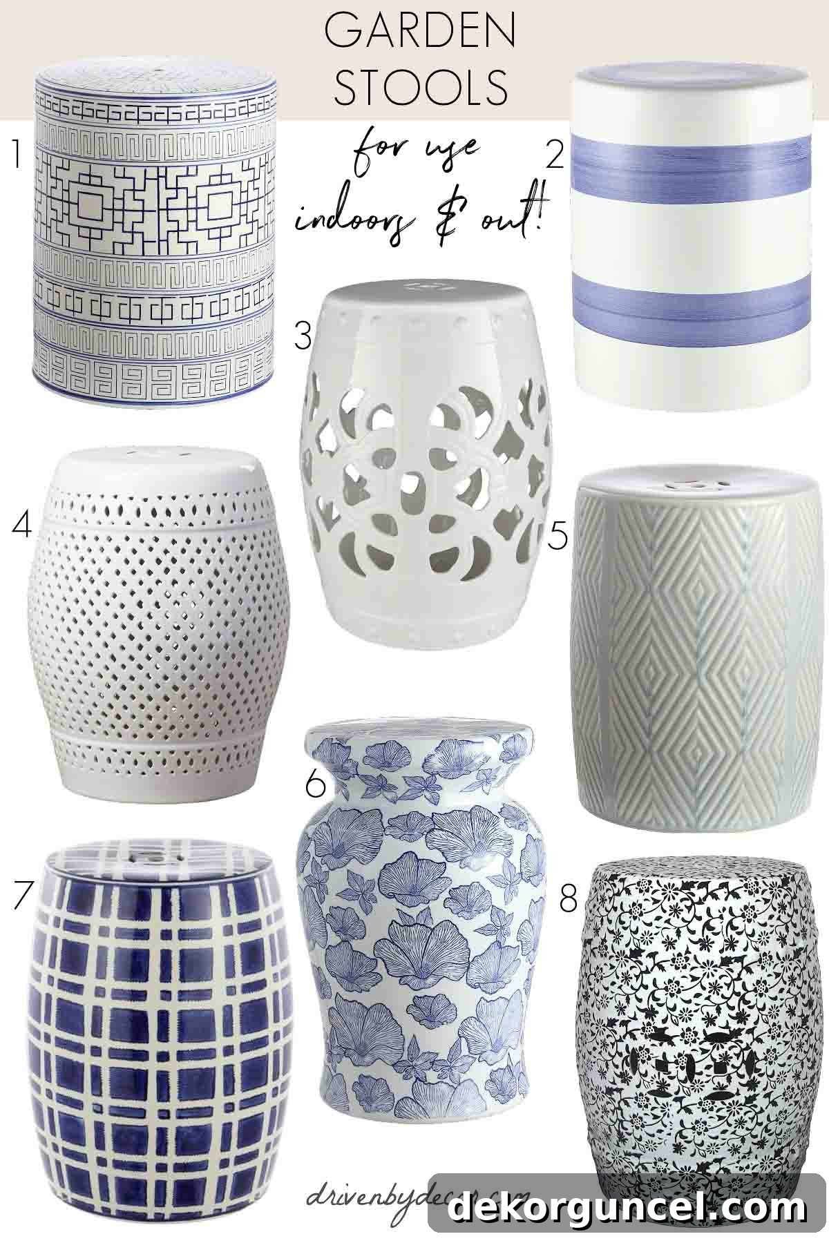 Collection of favorite garden stools in various geometric and floral patterns, suitable for versatile indoor and outdoor use.