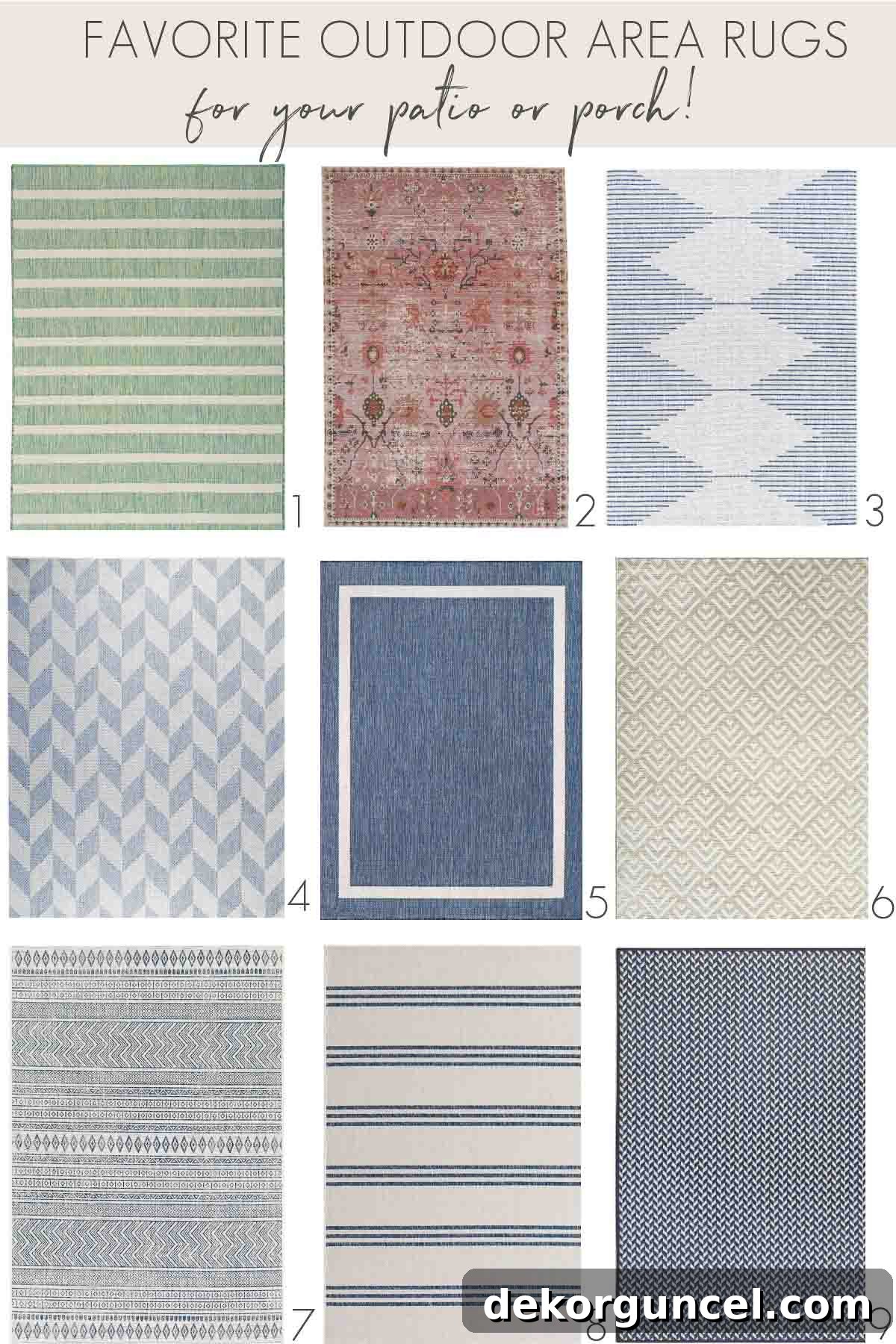 Collection of diverse outdoor area rugs featuring various patterns and colors, perfect for patio and deck decoration.