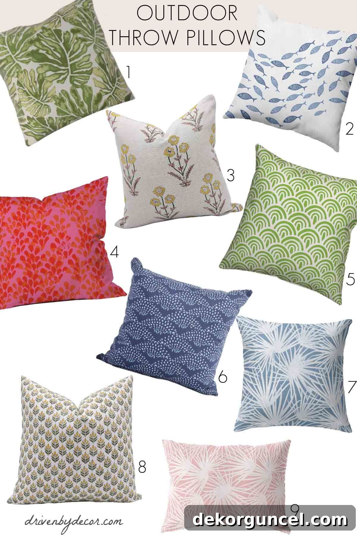 Assortment of colorful and patterned outdoor throw pillows, ideal for enhancing patio and deck furniture.
