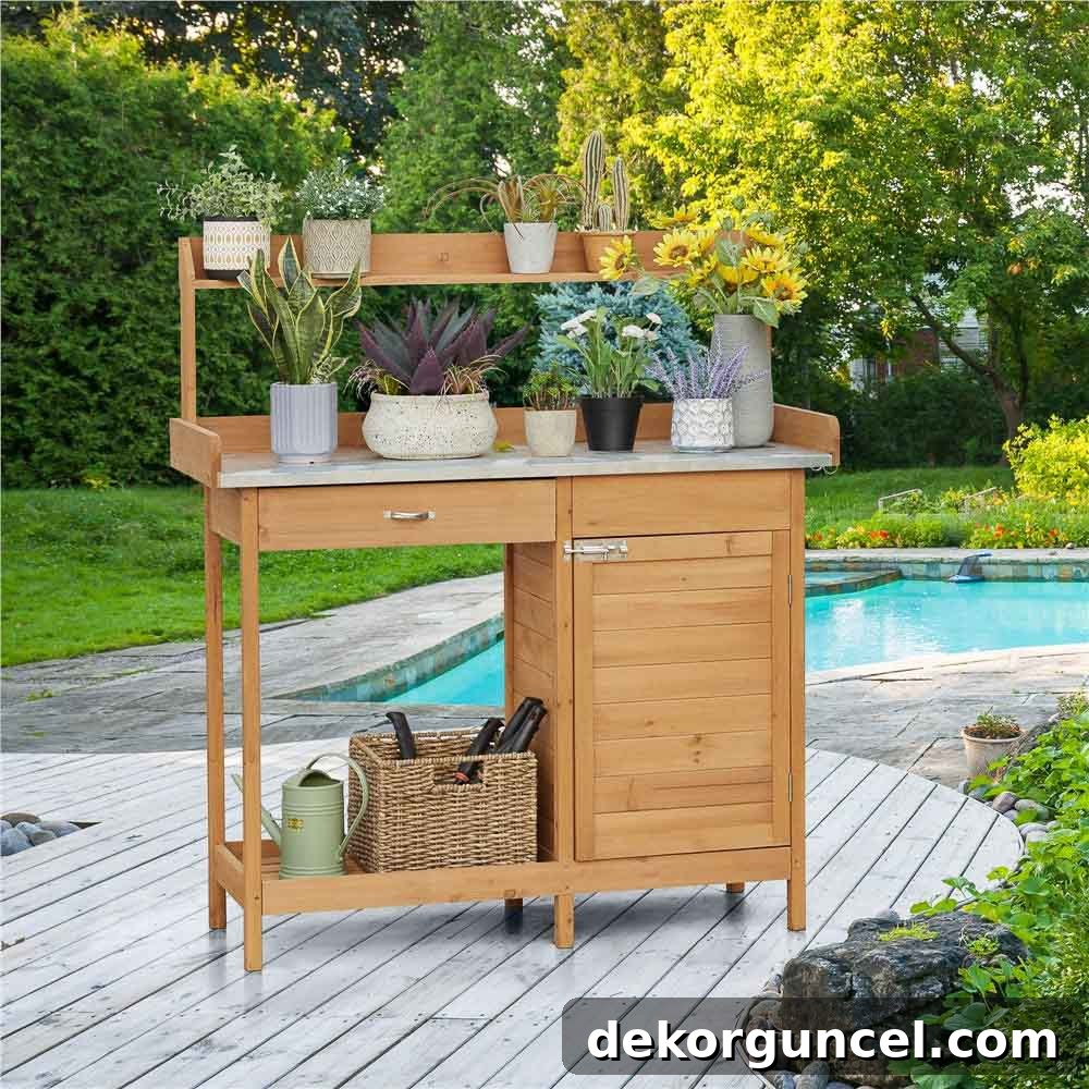 Elegant wood potting bench with ample work surface and storage, perfect for an organized gardening station.