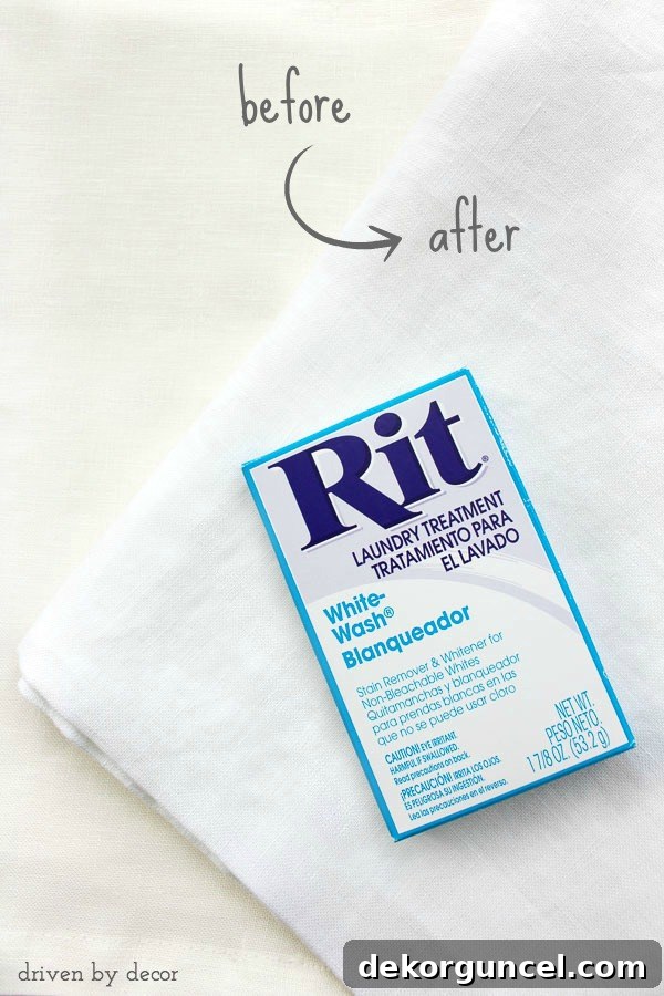 Before and after comparison showing how Rit treatment effectively whitens and brightens yellowed linen curtains without bleach.