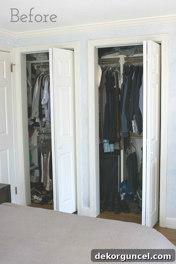 Before shot of a master bedroom closet with outdated bi-fold doors, highlighting the lack of access and aesthetic issues.